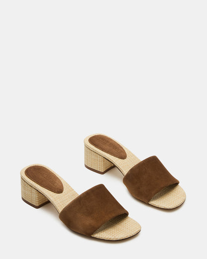 HAILEE Chestnut Suede Women's Square-Toe Raffia Block Heel Mule Sandal | Steve Madden