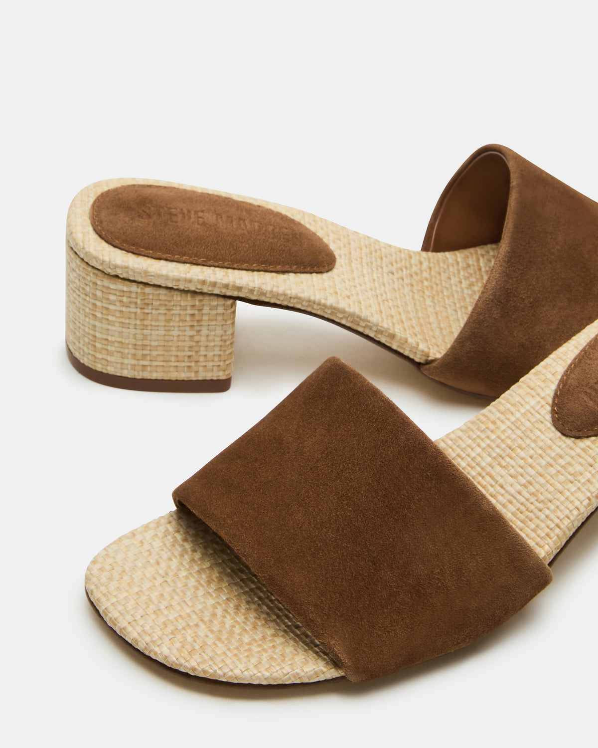 HAILEE Chestnut Suede Women's Square-Toe Raffia Block Heel Mule Sandal | Steve Madden
