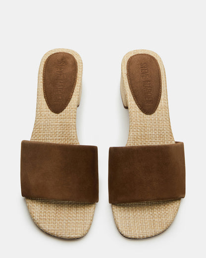 HAILEE Chestnut Suede Women's Square-Toe Raffia Block Heel Mule Sandal | Steve Madden