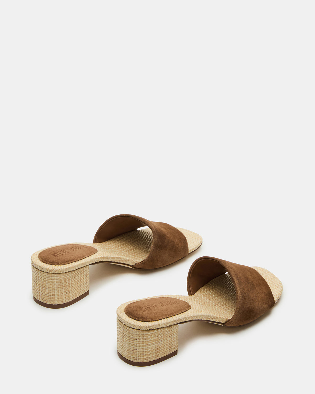 HAILEE Chestnut Suede Women's Square-Toe Raffia Block Heel Mule Sandal | Steve Madden