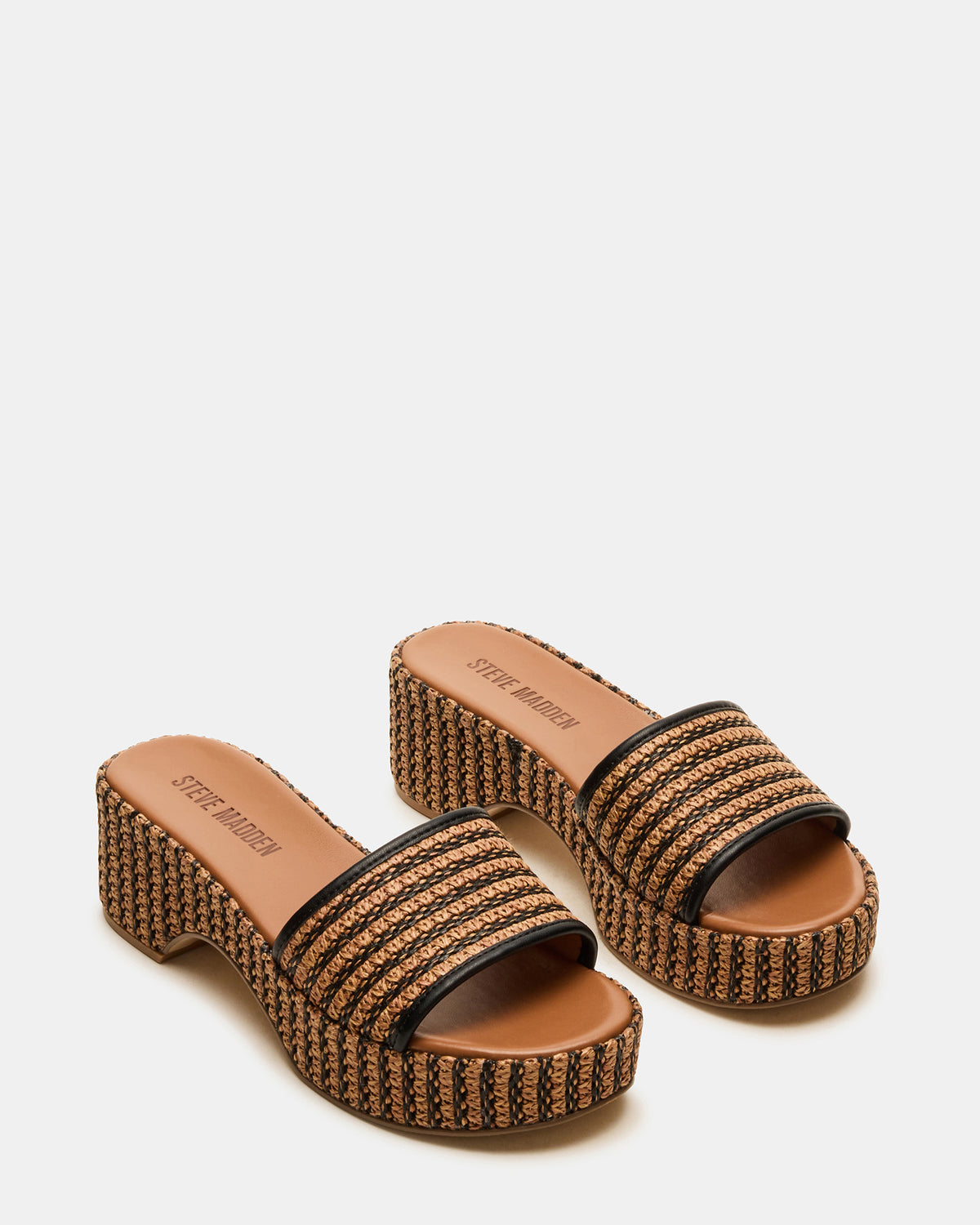 COSIMA Black/Beige Platform Raffia Slide Women's Sandal | Steve Madden