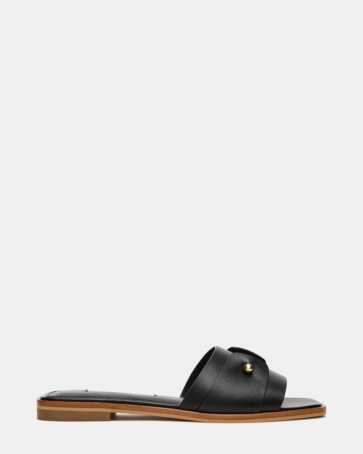 HASTEN Black Leather Gold Detail Slide Women's Sandal | Steve Madden