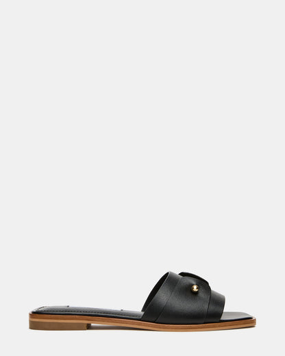 HASTEN Black Leather Gold Detail Slide Women's Sandal | Steve Madden