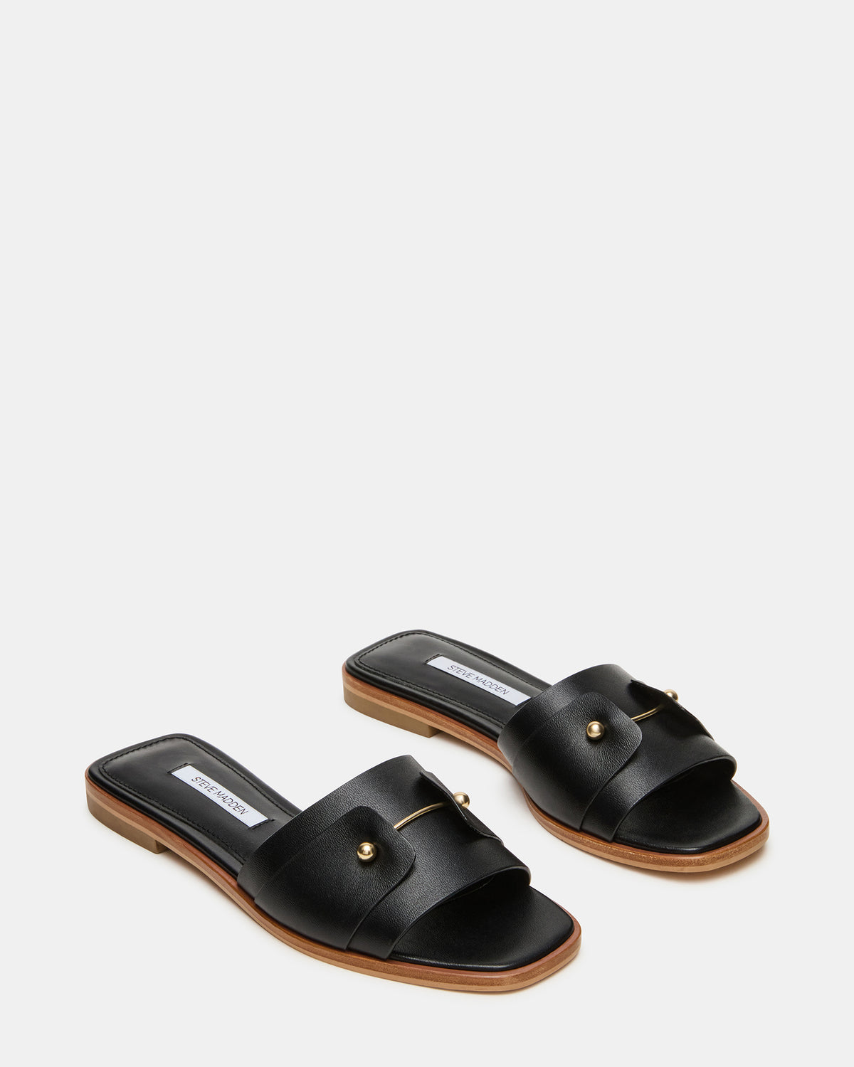 HASTEN Black Leather Gold Detail Slide Women's Sandal | Steve Madden