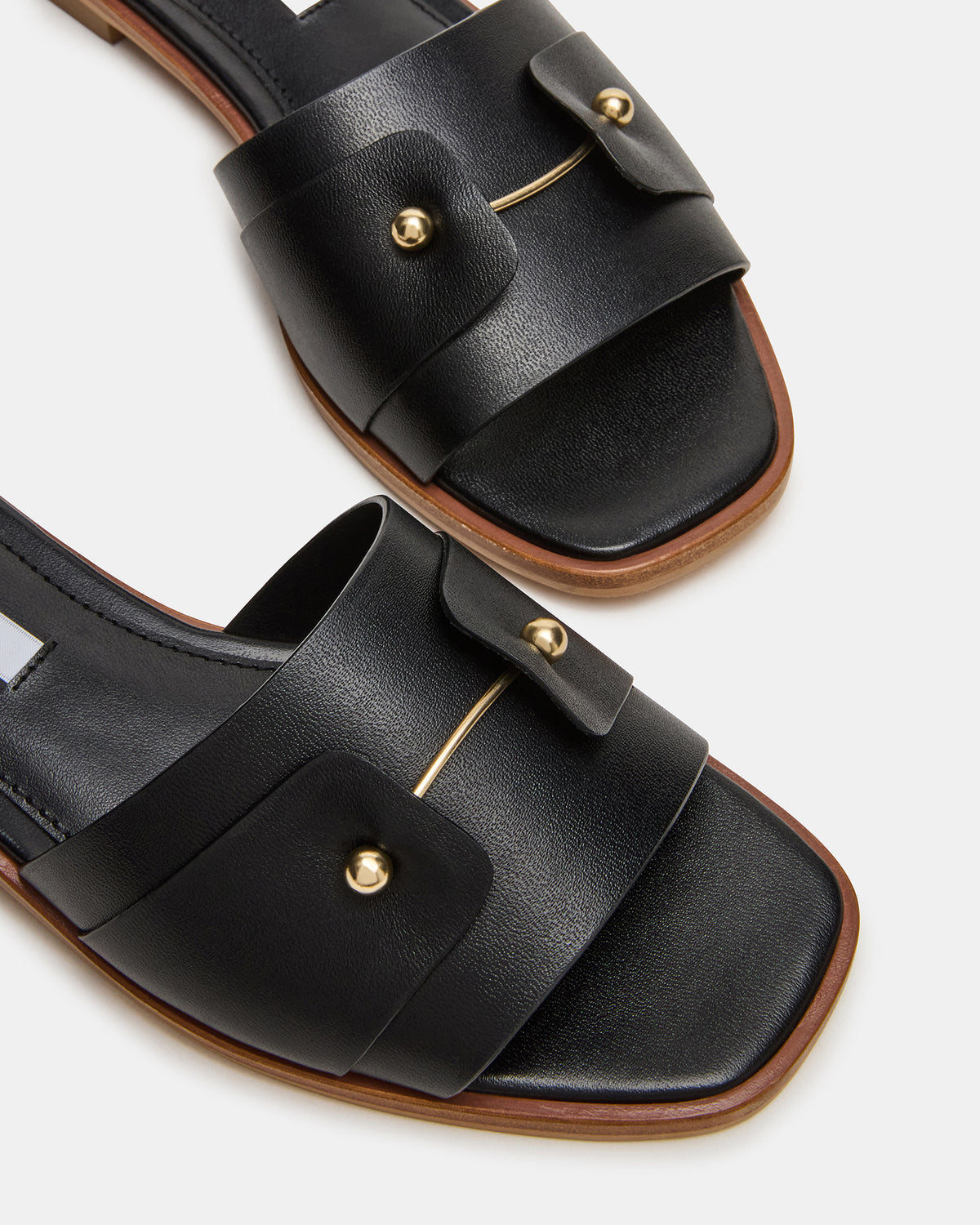 HASTEN Black Leather Gold Detail Slide Women's Sandal | Steve Madden