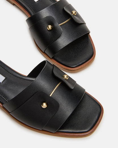 HASTEN Black Leather Gold Detail Slide Women's Sandal | Steve Madden