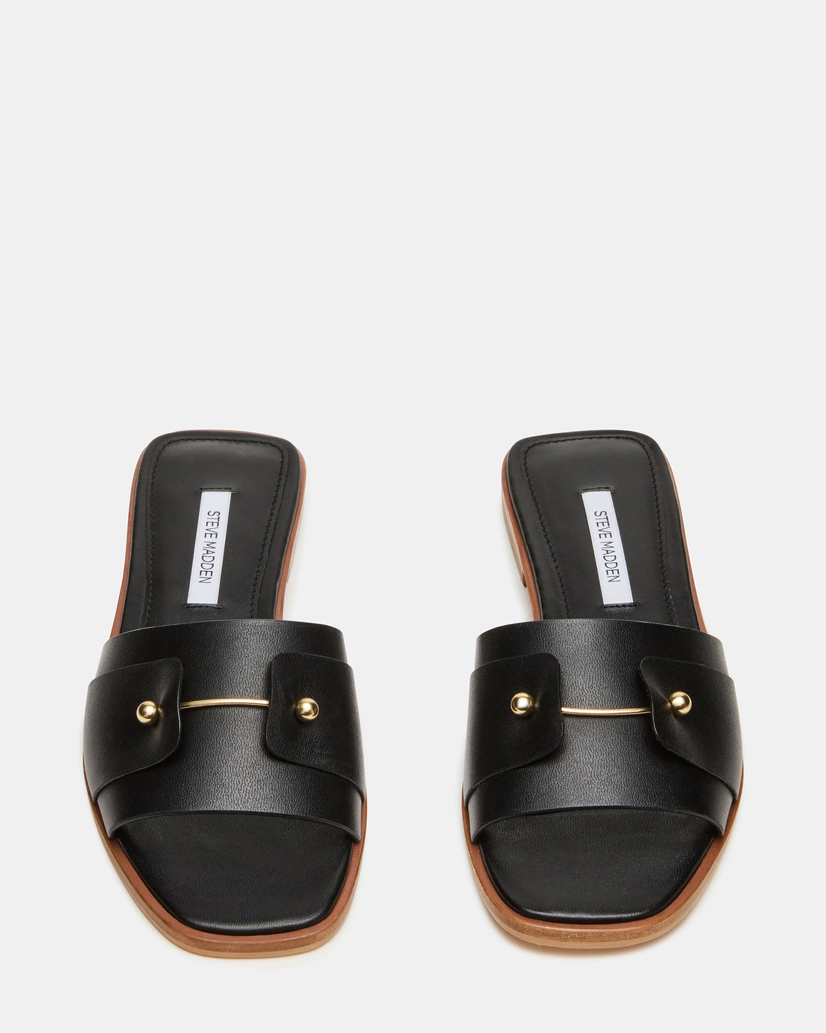 HASTEN Black Leather Gold Detail Slide Women's Sandal | Steve Madden