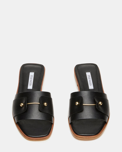 HASTEN Black Leather Gold Detail Slide Women's Sandal | Steve Madden