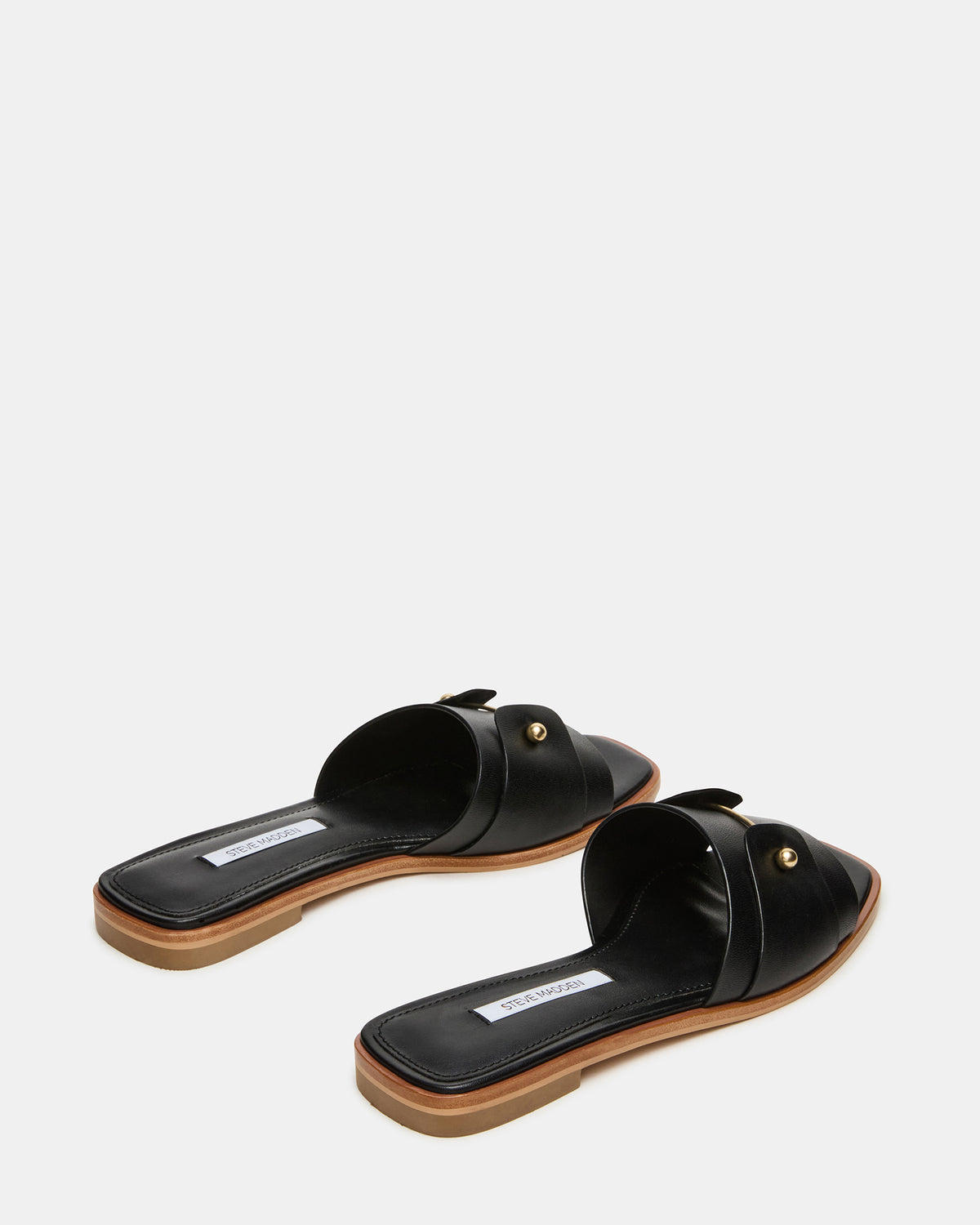HASTEN Black Leather Gold Detail Slide Women's Sandal | Steve Madden