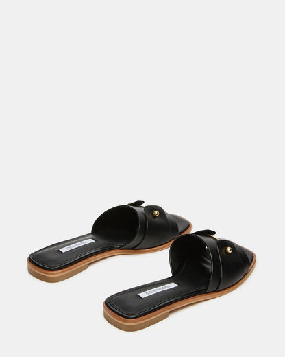 HASTEN Black Leather Gold Detail Slide Women's Sandal | Steve Madden
