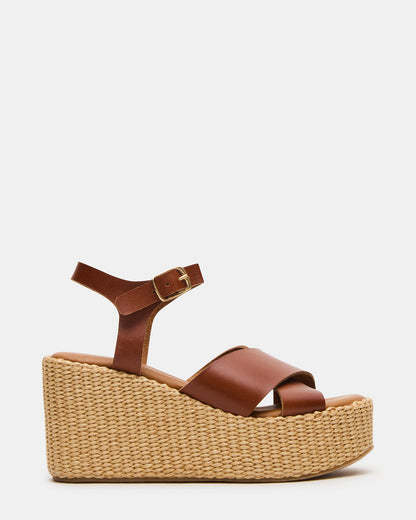 JETSET Cognac Leather Raffia Platform Wedge Women's Sandal | Steve Madden