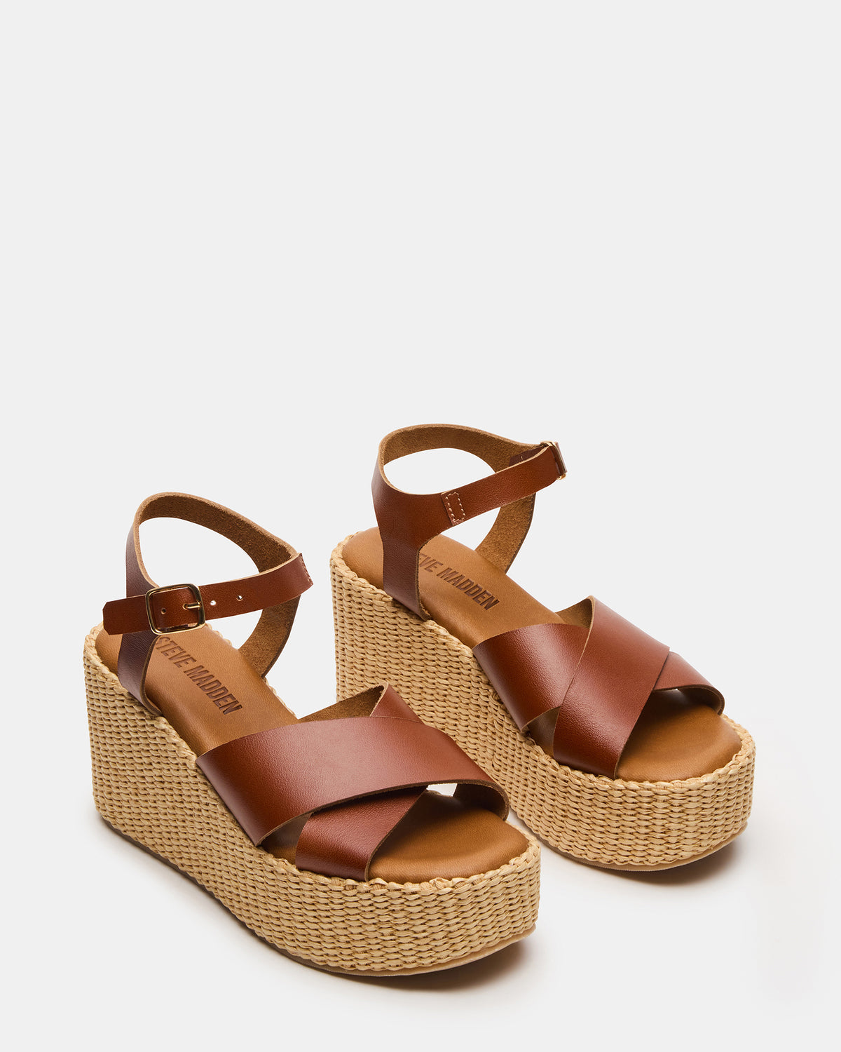 JETSET Cognac Leather Raffia Platform Wedge Women's Sandal | Steve Madden