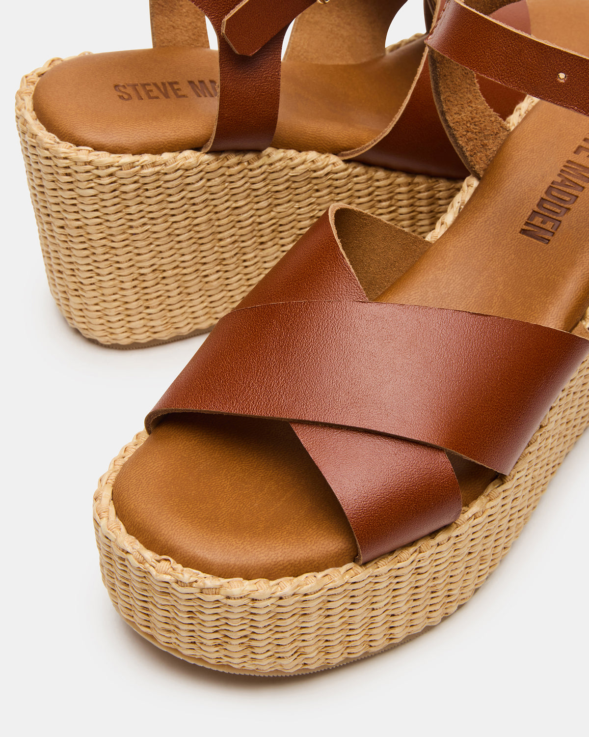 JETSET Cognac Leather Raffia Platform Wedge Women's Sandal | Steve Madden
