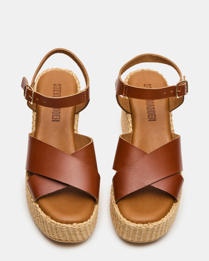 JETSET Cognac Leather Raffia Platform Wedge Women's Sandal | Steve Madden