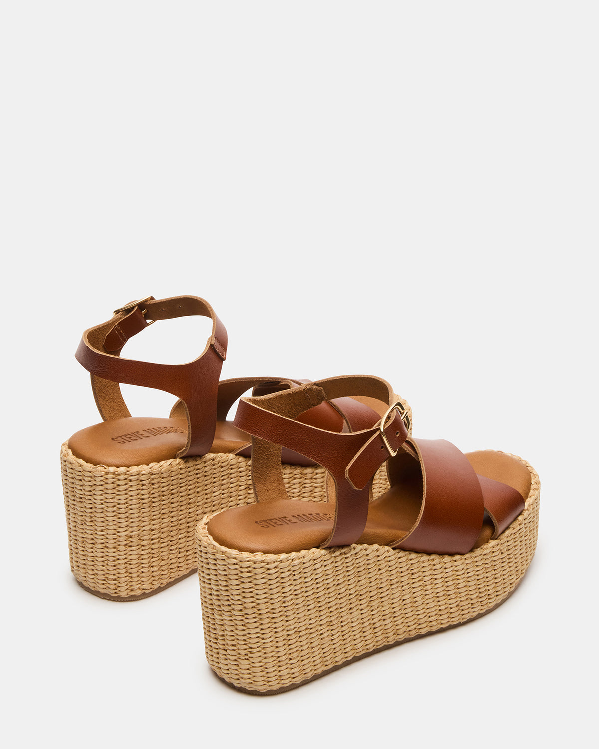 JETSET Cognac Leather Raffia Platform Wedge Women's Sandal | Steve Madden