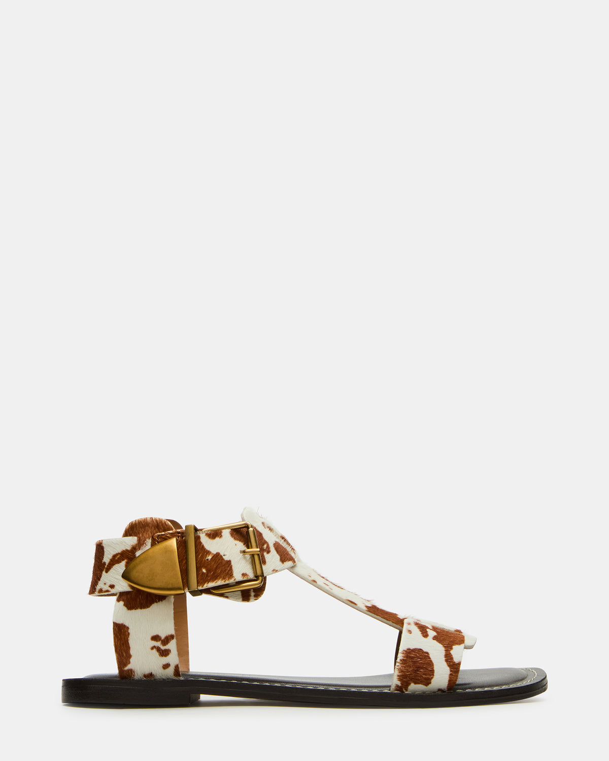 BRAZINN Brown Cow Print Strappy Flat Sandal Women's Sandal | Steve Madden