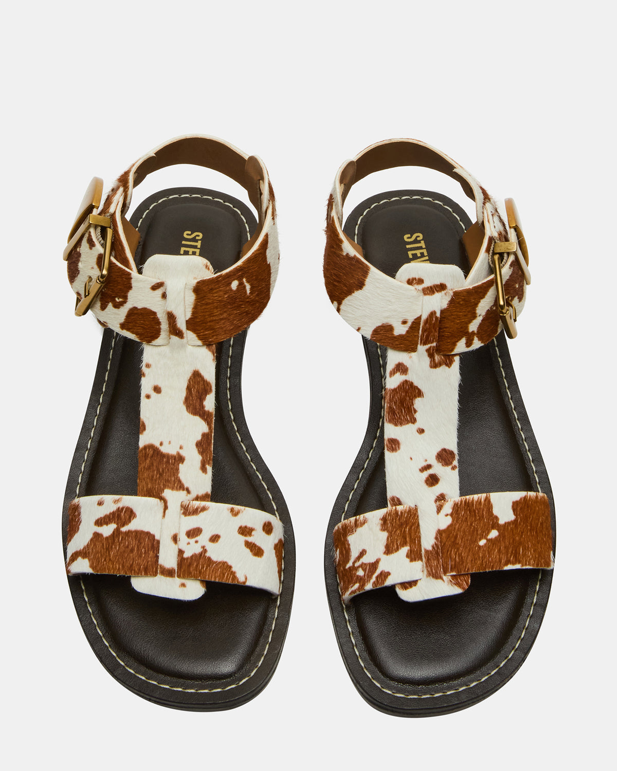 BRAZINN Brown Cow Print Strappy Flat Sandal Women's Sandal | Steve Madden