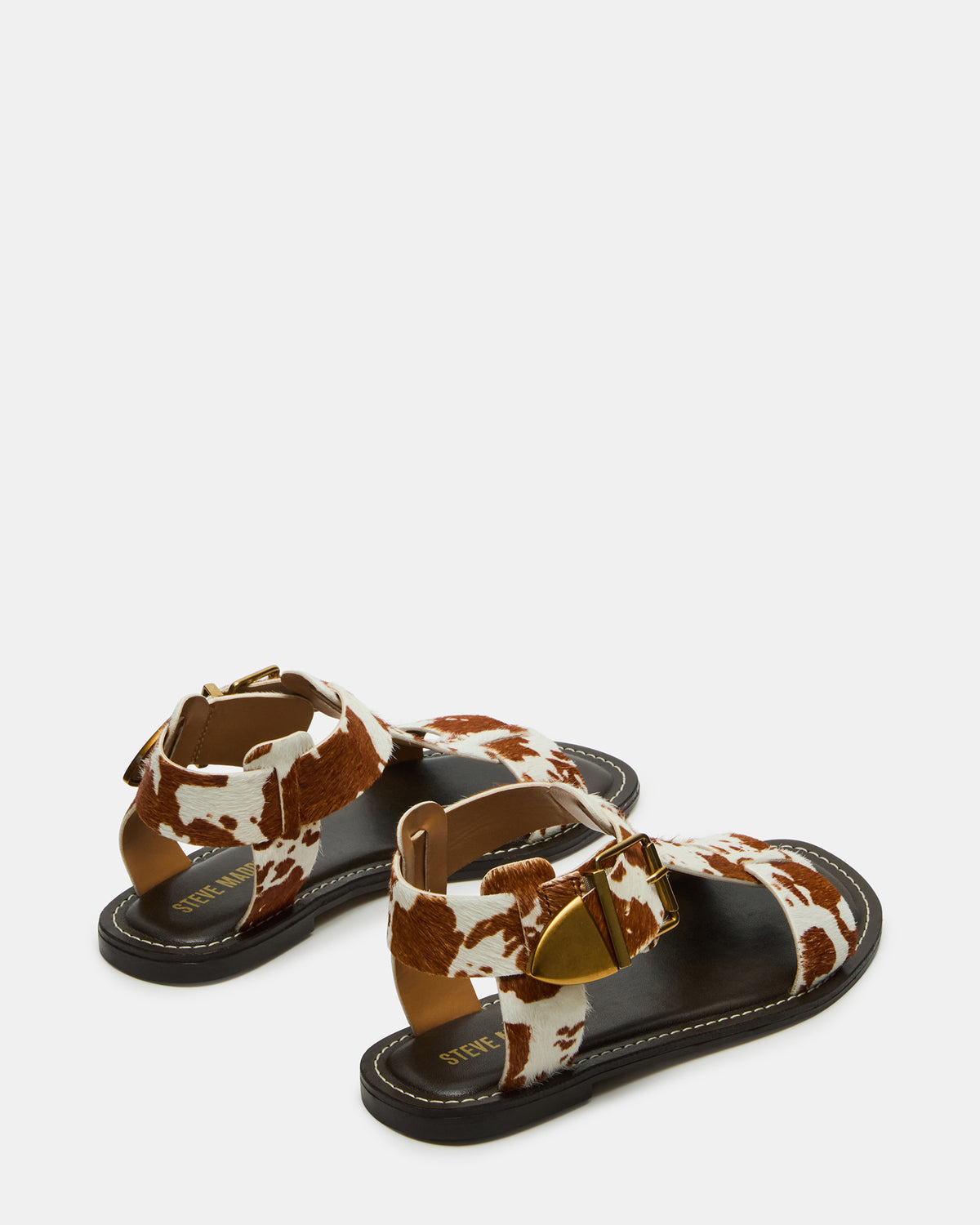 BRAZINN Brown Cow Print Strappy Flat Sandal Women's Sandal | Steve Madden