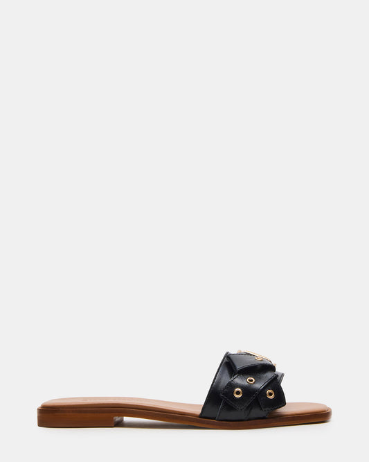 HILARIA Black Leather Square-Toe Slide Women's Sandal | Steve Madden