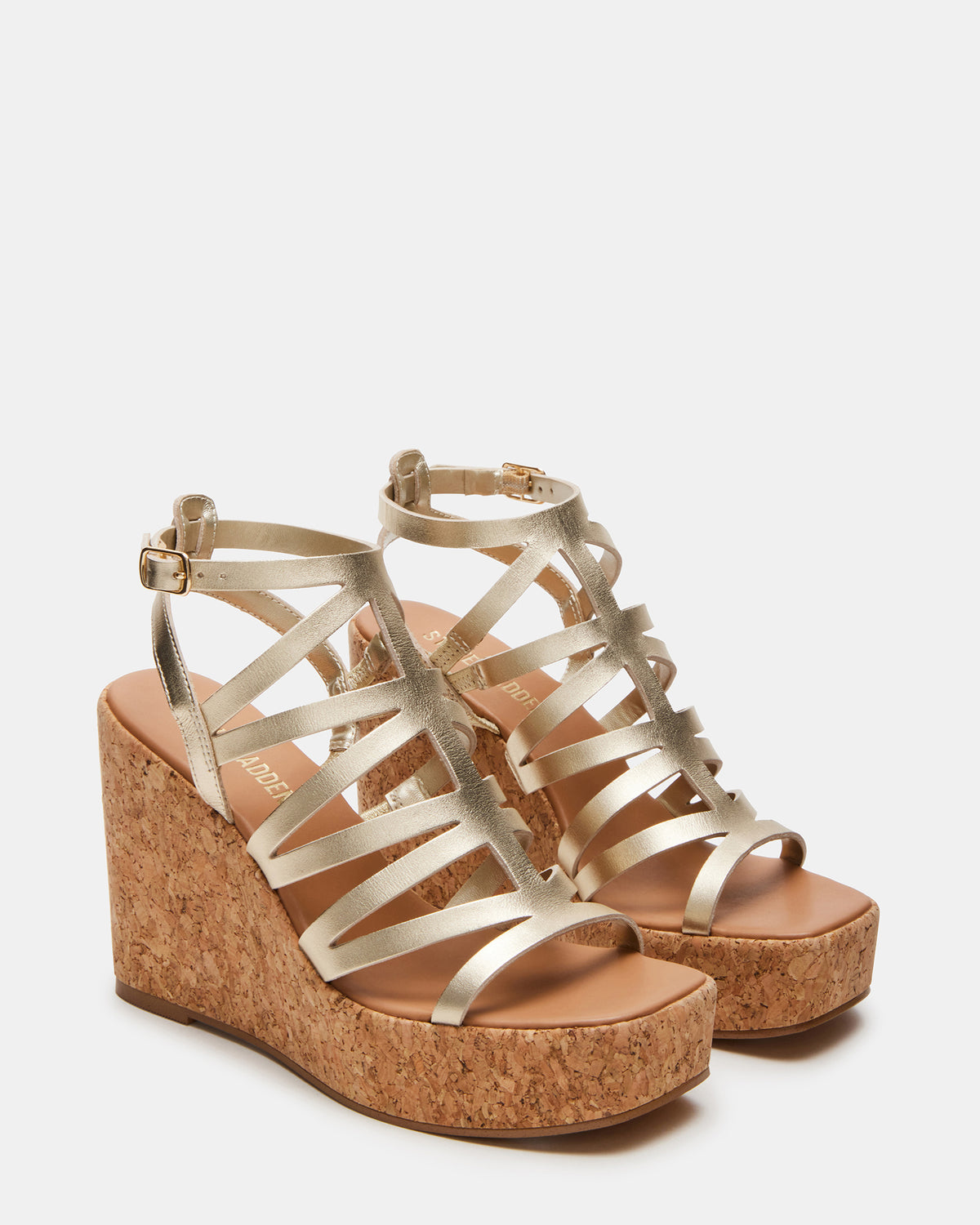 COZETTE Gold Leather Women's Platform Square-Toe Wedge Sandal | Steve Madden
