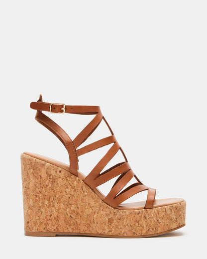 COZETTE Tan Leather Women's Platform Square-Toe Wedge Sandal | Steve Madden
