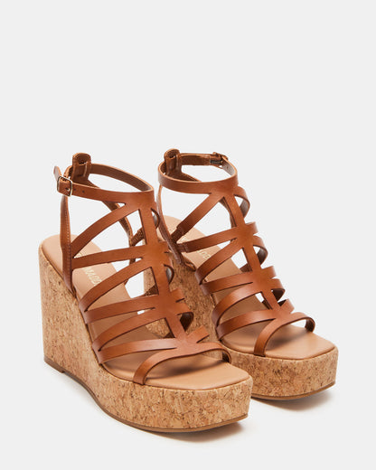 COZETTE Tan Leather Women's Platform Square-Toe Wedge Sandal | Steve Madden