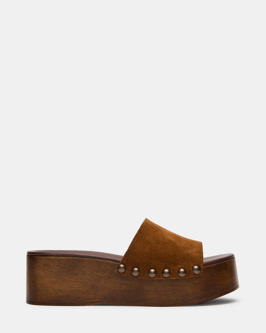 CONGA Tan Suede Platform Wood Bottom Slide Women's Sandal | Steve Madden