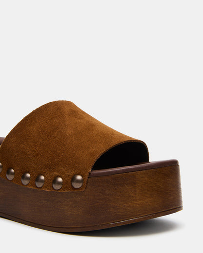 CONGA Tan Suede Platform Wood Bottom Slide Women's Sandal | Steve Madden