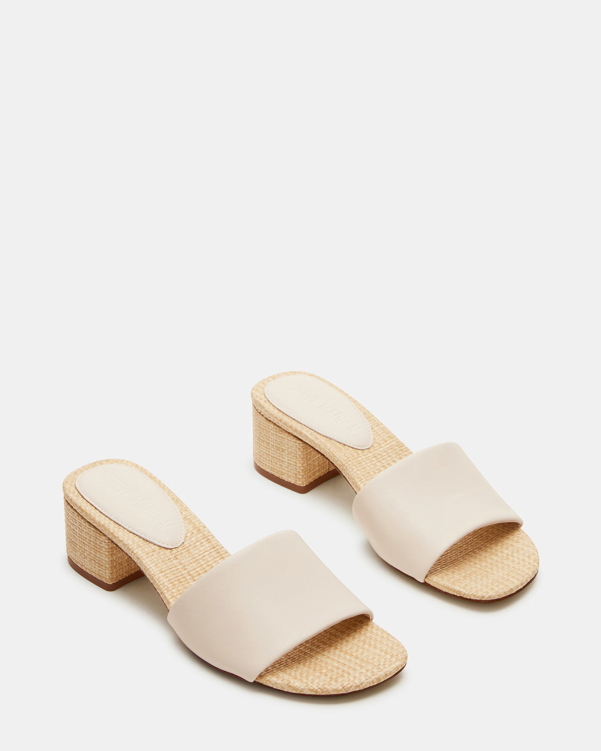 HAILEE Bone Leather Women's Square-Toe Raffia Block Heel Mule Sandal | Steve Madden