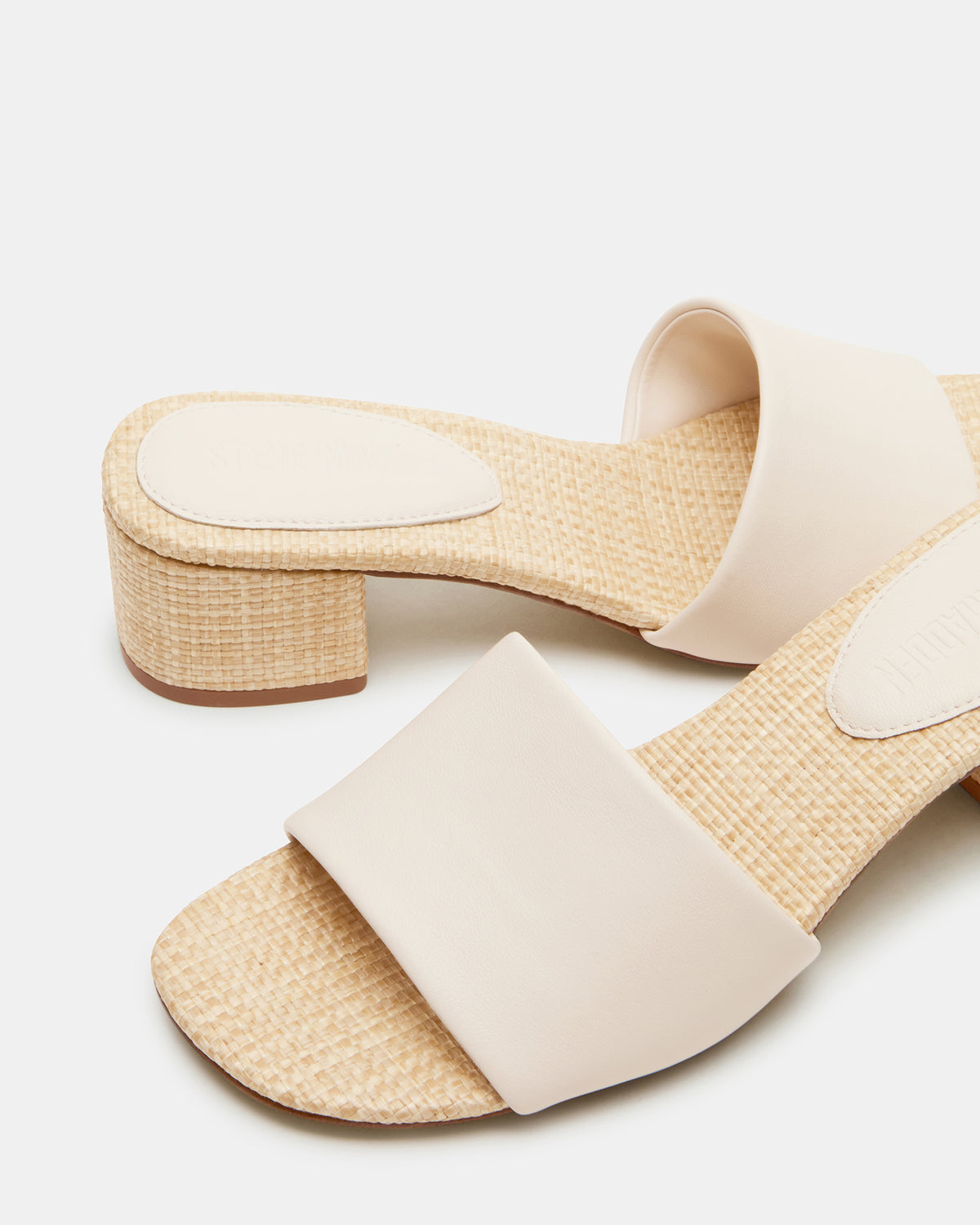 HAILEE Bone Leather Women's Square-Toe Raffia Block Heel Mule Sandal | Steve Madden