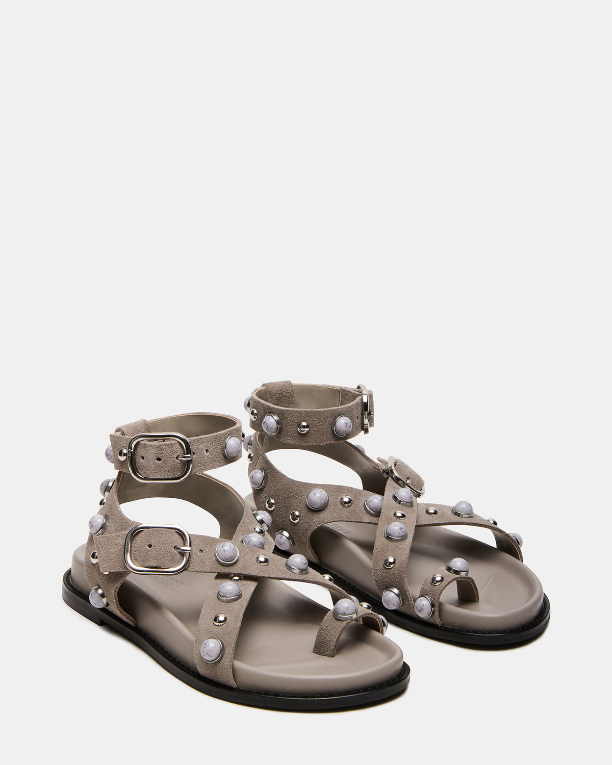 LINEAR Grey Suede Strappy Footbed Studded Women's Sandal | Steve Madden