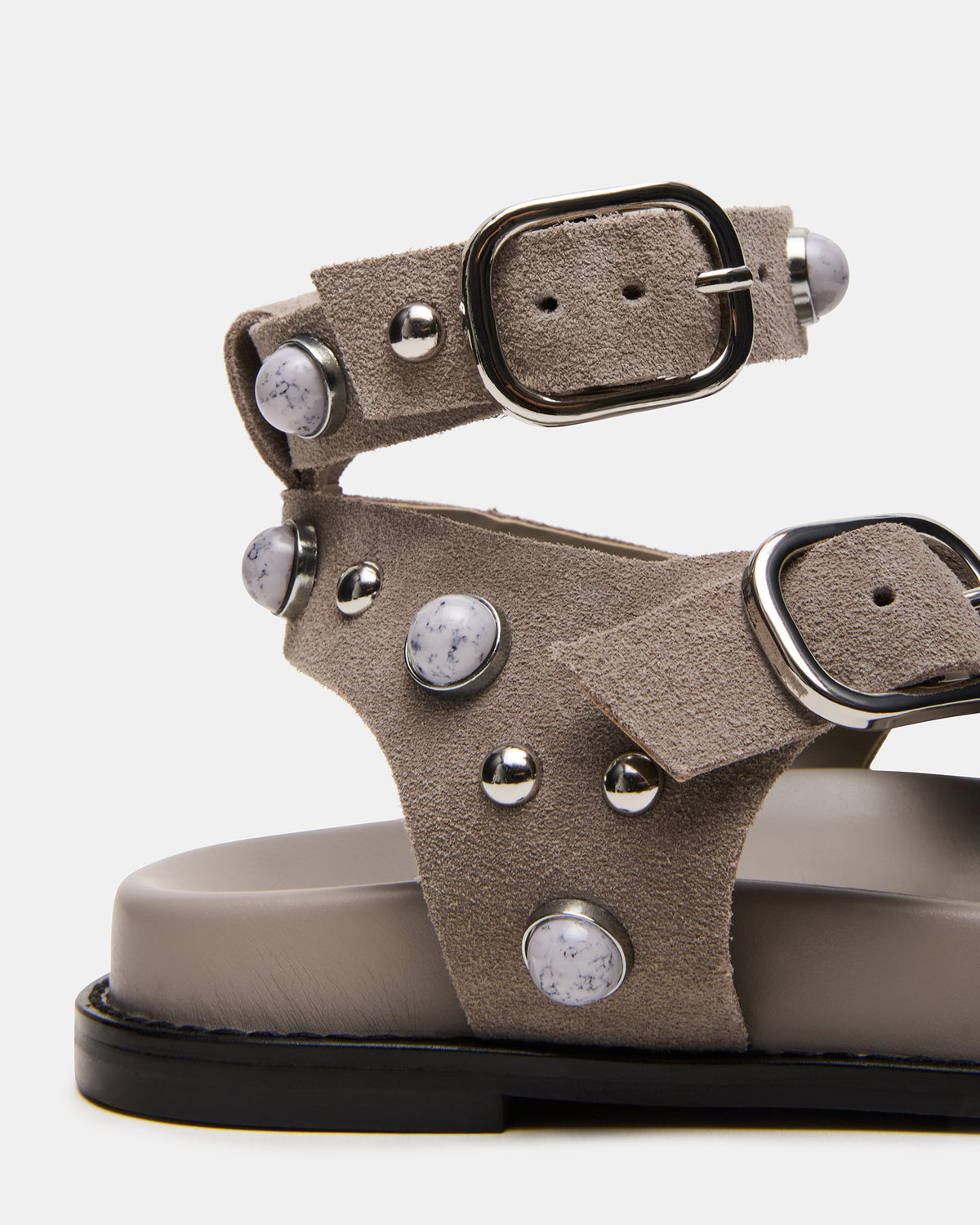 LINEAR Grey Suede Strappy Footbed Studded Women's Sandal | Steve Madden