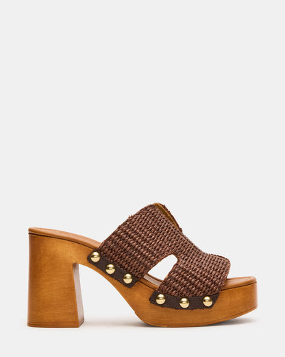 SUNKISSED Brown Raffia Platform Block Heel Studded Women's Sandal | Steve Madden
