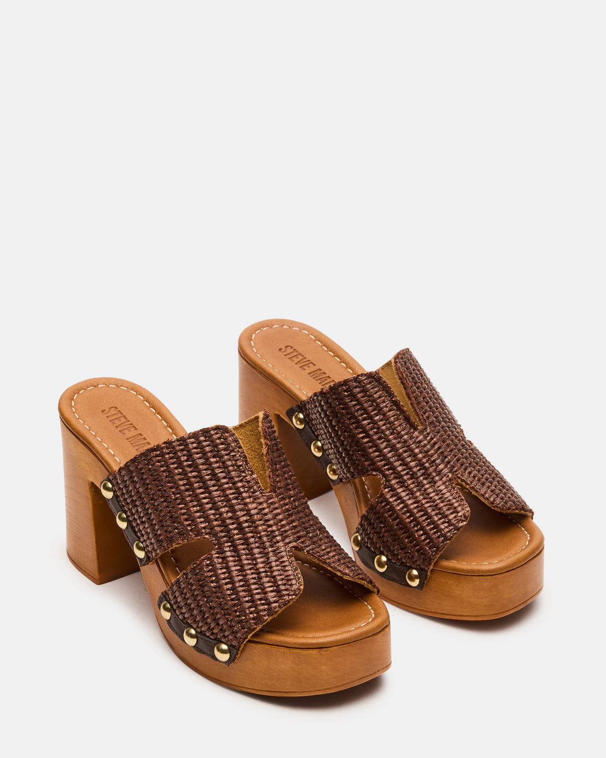 SUNKISSED Brown Raffia Platform Block Heel Studded Women's Sandal | Steve Madden