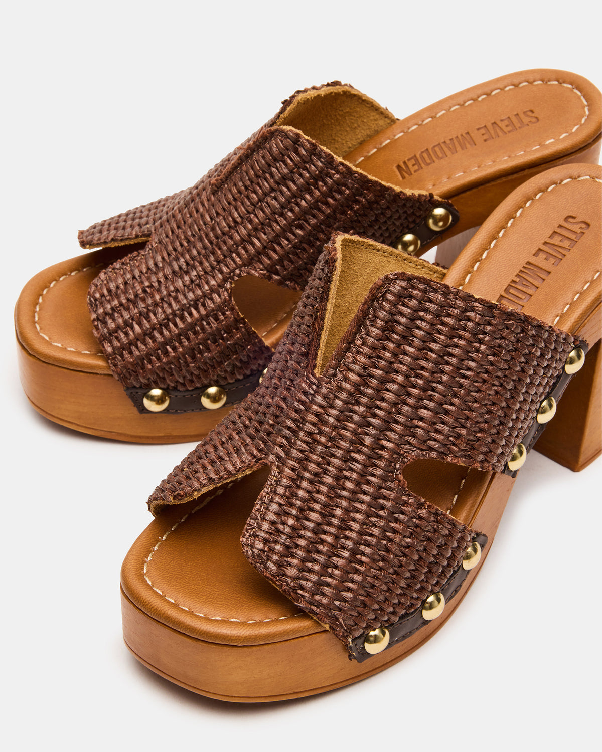SUNKISSED Brown Raffia Platform Block Heel Studded Women's Sandal | Steve Madden