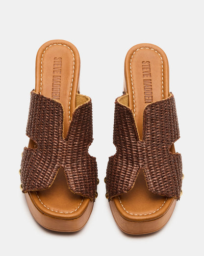 SUNKISSED Brown Raffia Platform Block Heel Studded Women's Sandal | Steve Madden