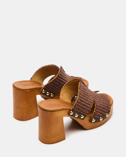 SUNKISSED Brown Raffia Platform Block Heel Studded Women's Sandal | Steve Madden