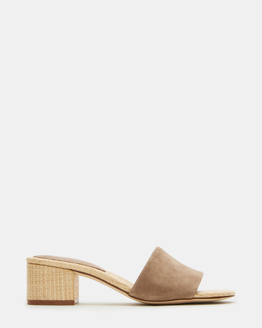 HAILEE Taupe Suede Women's Square-Toe Raffia Block Heel Mule Sandal | Steve Madden