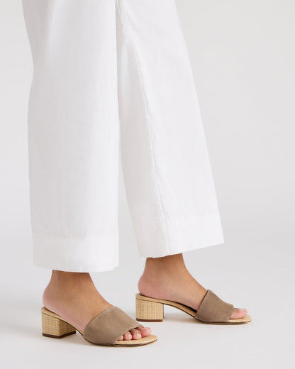 HAILEE Taupe Suede Women's Square-Toe Raffia Block Heel Mule Sandal | Steve Madden