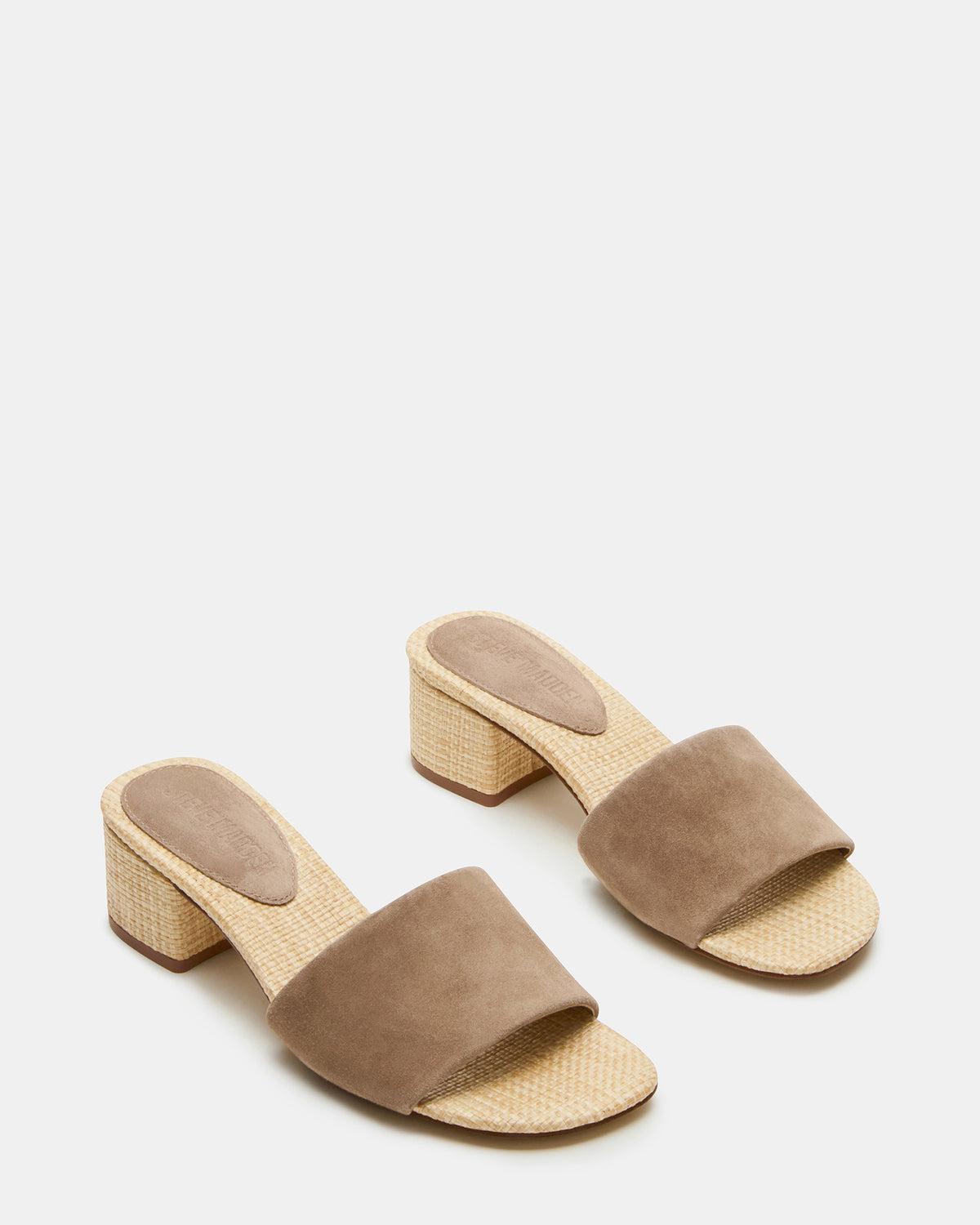 HAILEE Taupe Suede Women's Square-Toe Raffia Block Heel Mule Sandal | Steve Madden