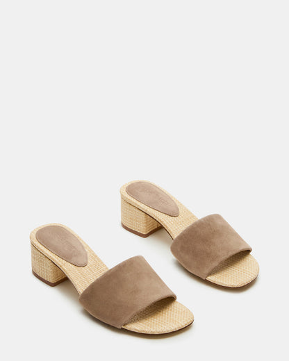 HAILEE Taupe Suede Women's Square-Toe Raffia Block Heel Mule Sandal | Steve Madden