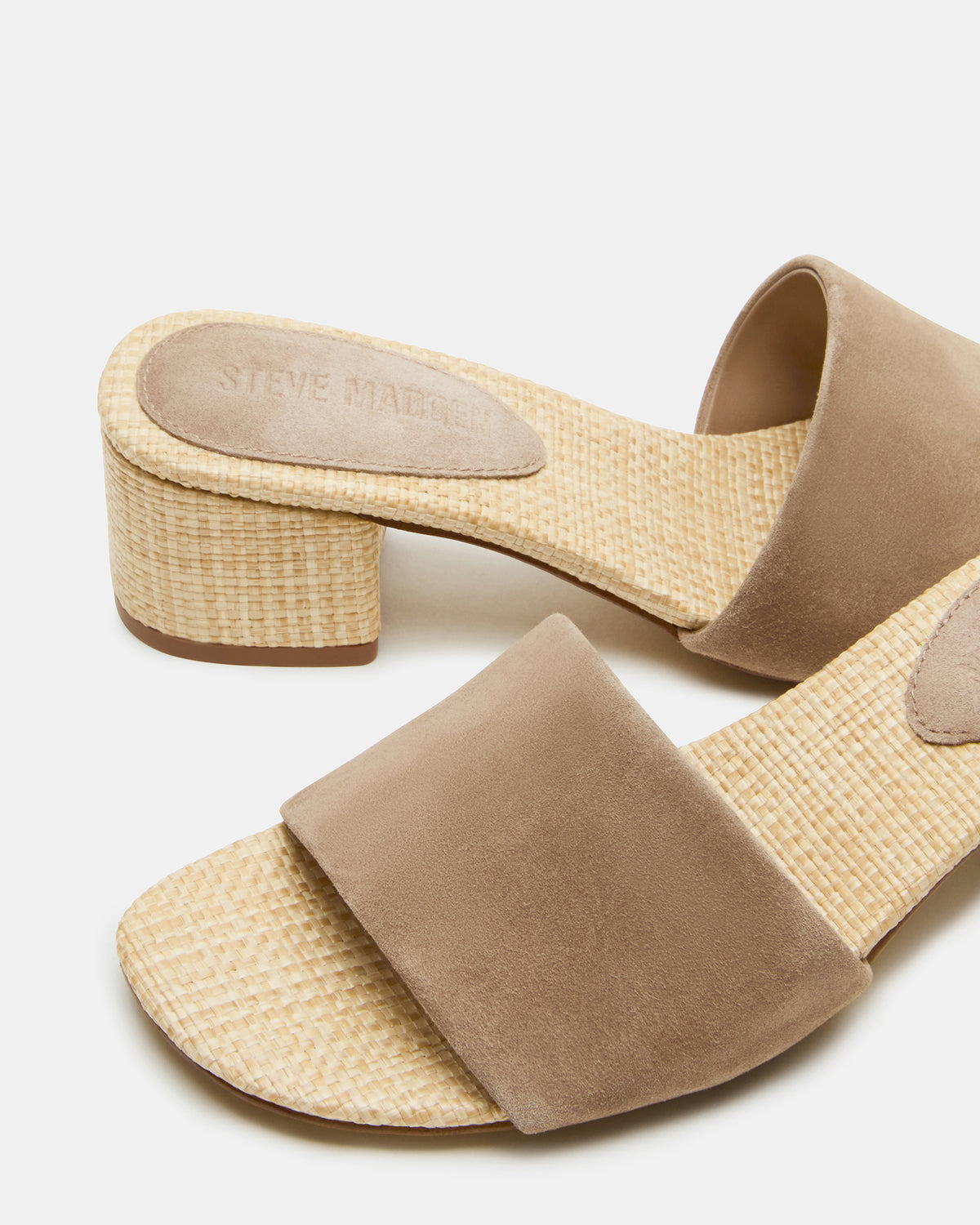 HAILEE Taupe Suede Women's Square-Toe Raffia Block Heel Mule Sandal | Steve Madden