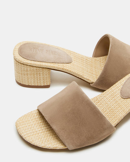 HAILEE Taupe Suede Women's Square-Toe Raffia Block Heel Mule Sandal | Steve Madden