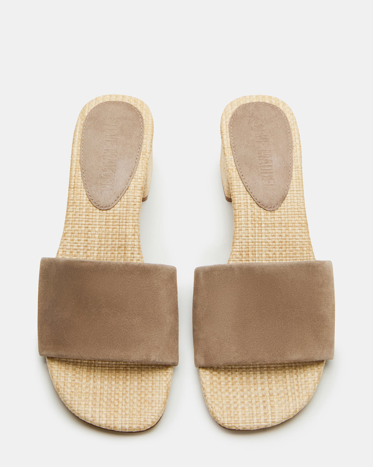 HAILEE Taupe Suede Women's Square-Toe Raffia Block Heel Mule Sandal | Steve Madden