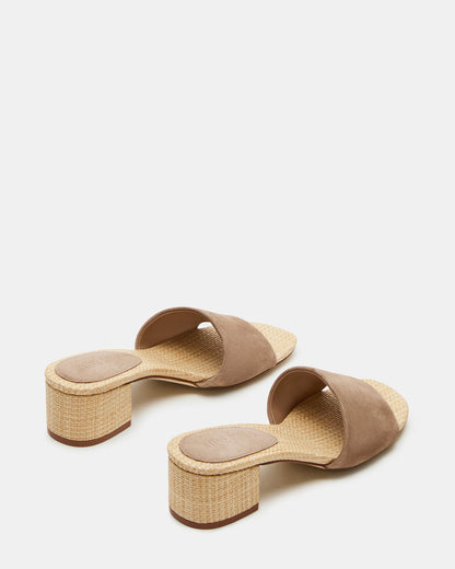 HAILEE Taupe Suede Women's Square-Toe Raffia Block Heel Mule Sandal | Steve Madden