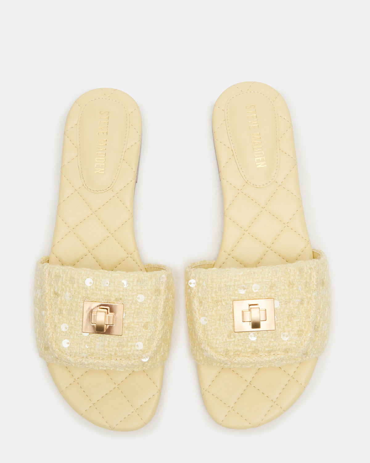 MORELAND Sequin Yellow Quilted Slide Women's Sandal | Steve Madden