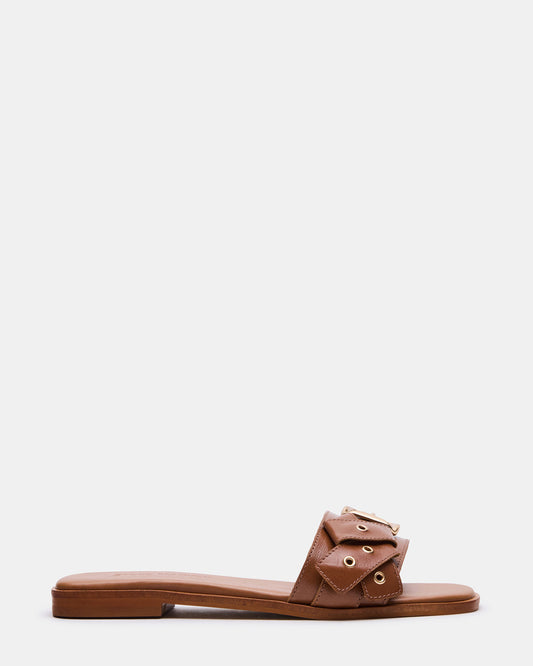HILARIA Tan Leather Square-Toe Slide Women's Sandal | Steve Madden