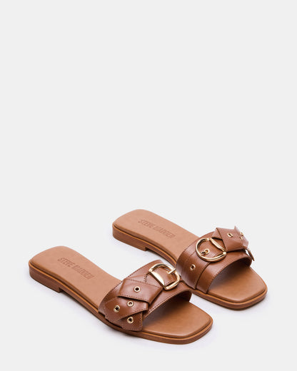 HILARIA Tan Leather Square-Toe Slide Women's Sandal | Steve Madden