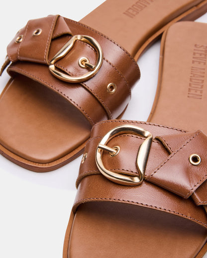 HILARIA Tan Leather Square-Toe Slide Women's Sandal | Steve Madden