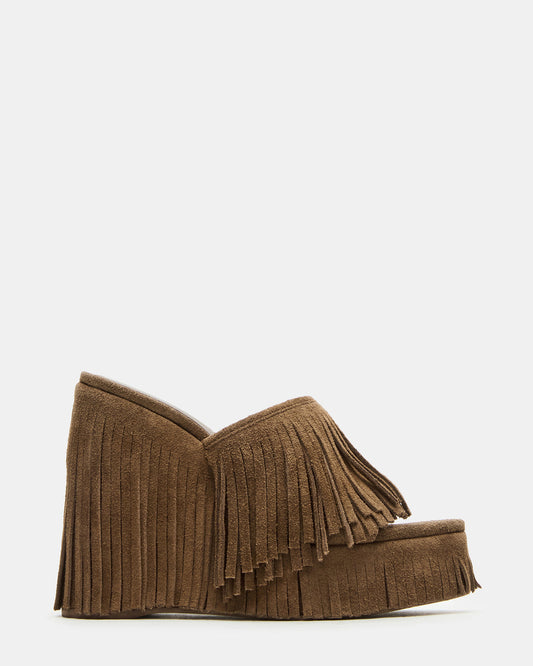 WYNN Chestnut Suede Platform Fringe Wedge Mule Women's Sandal | Steve Madden